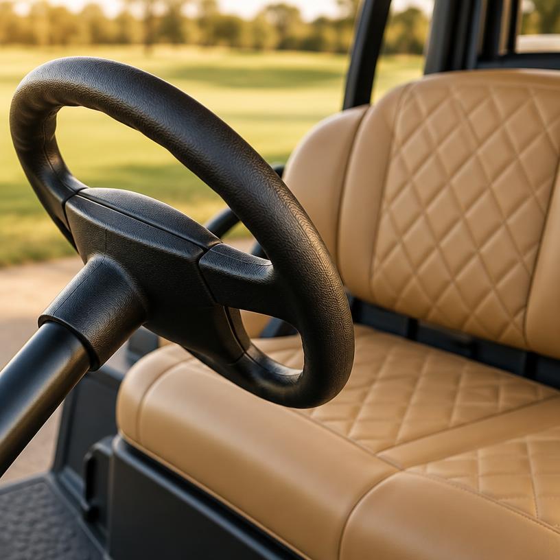 Golf cart steering wheel and stitched leather seat