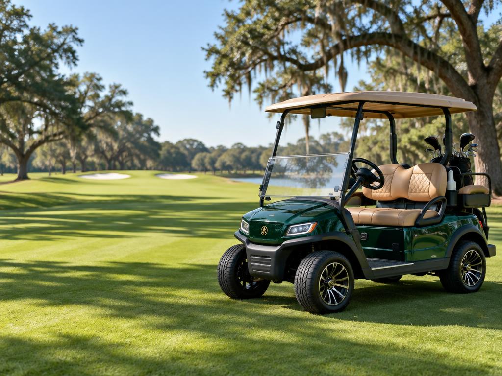 Green golf cart on a fairway